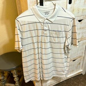 White with blue pinstripe pull over with pocket